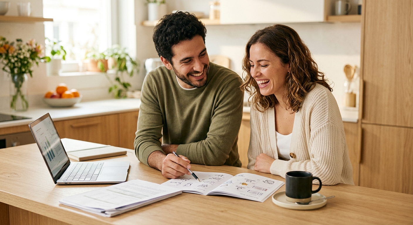 Pareja joven planificando sus finanzas con un portátil y un cuaderno de presupuesto de ocio