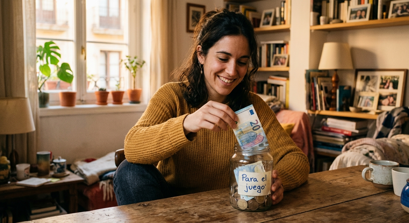 Mujer joven metiendo un billete de euro en un tarro de cristal etiquetado como 'Para el juego'