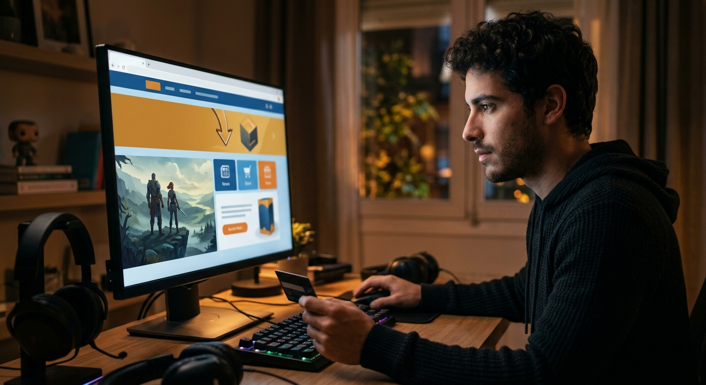 Joven gamer buscando ofertas de videojuegos en la pantalla de su ordenador