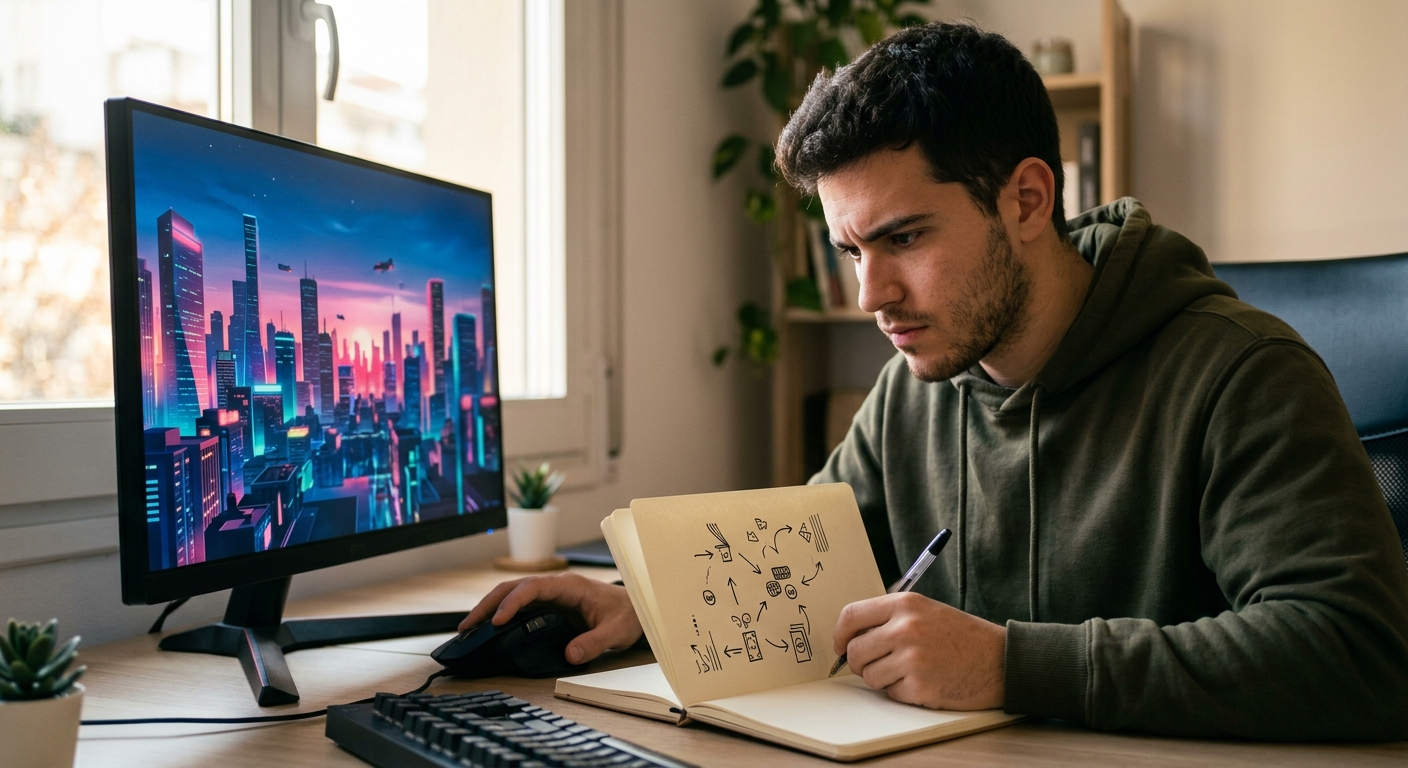 Joven español en un escritorio, mirando un monitor con un paisaje de ciudad de GTA VI y escribiendo notas de finanzas.