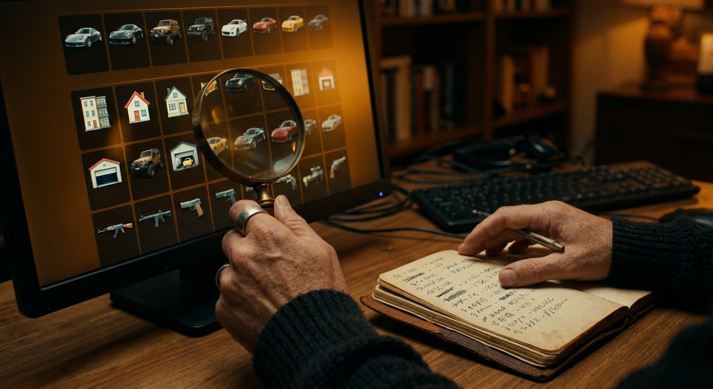 Manos con lupa identificando oportunidades de mercado en una pantalla de juego tipo GTA y un cuaderno con 'Oportunidades'.
