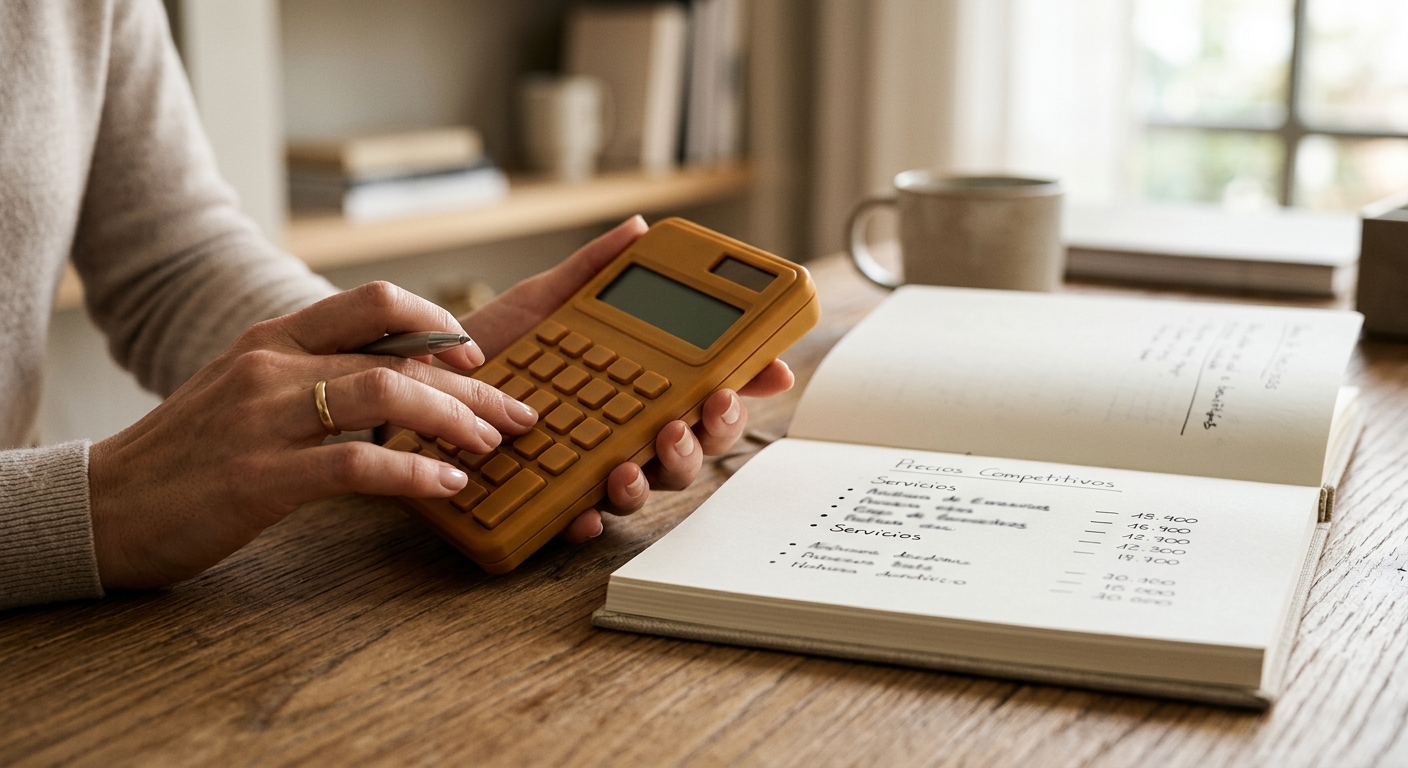 Manos usando una calculadora y un cuaderno con 'Precios Competitivos' y lista de servicios.
