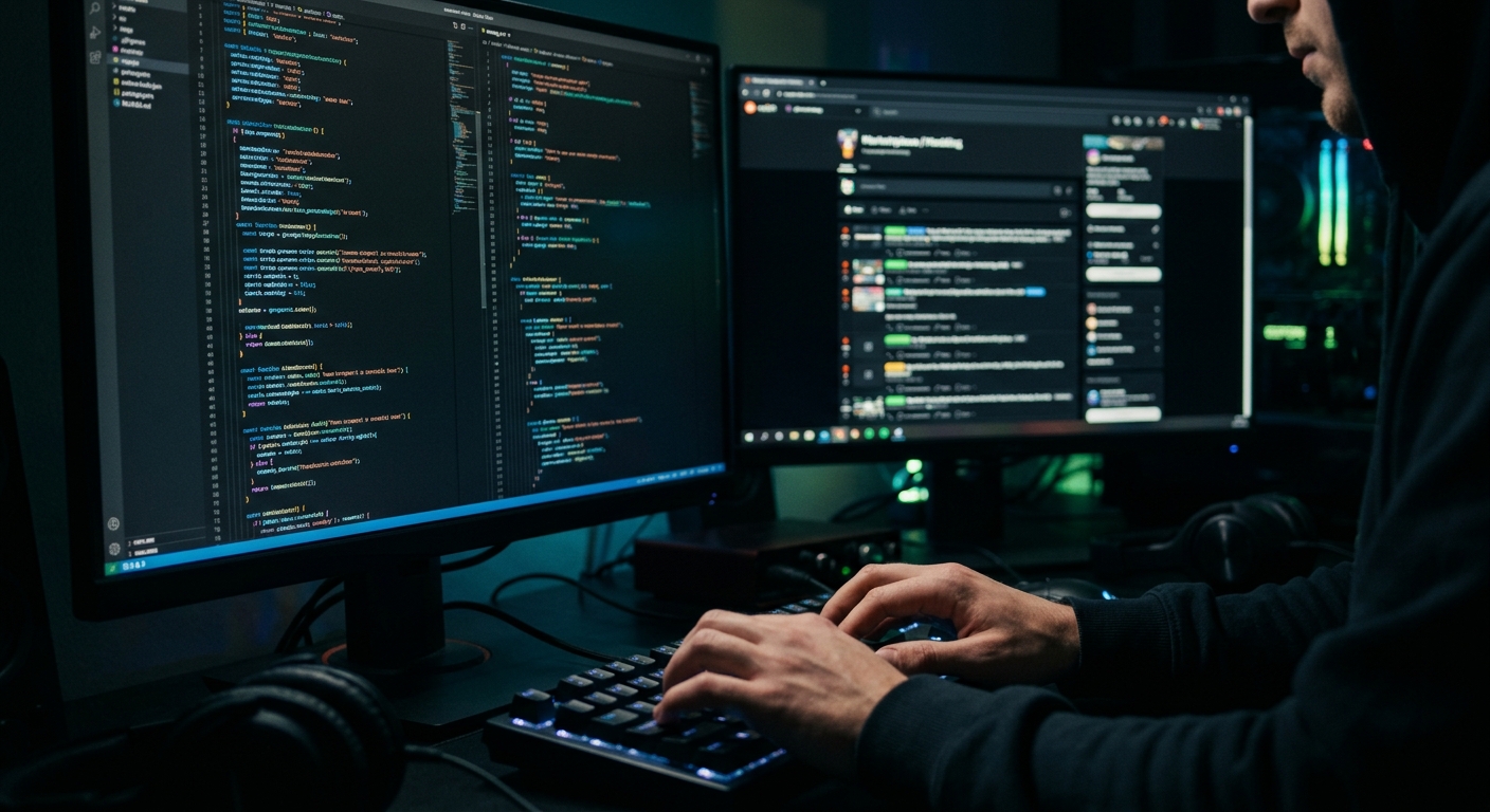 Manos tecleando código en un monitor, con un foro de modding en otro monitor de fondo.