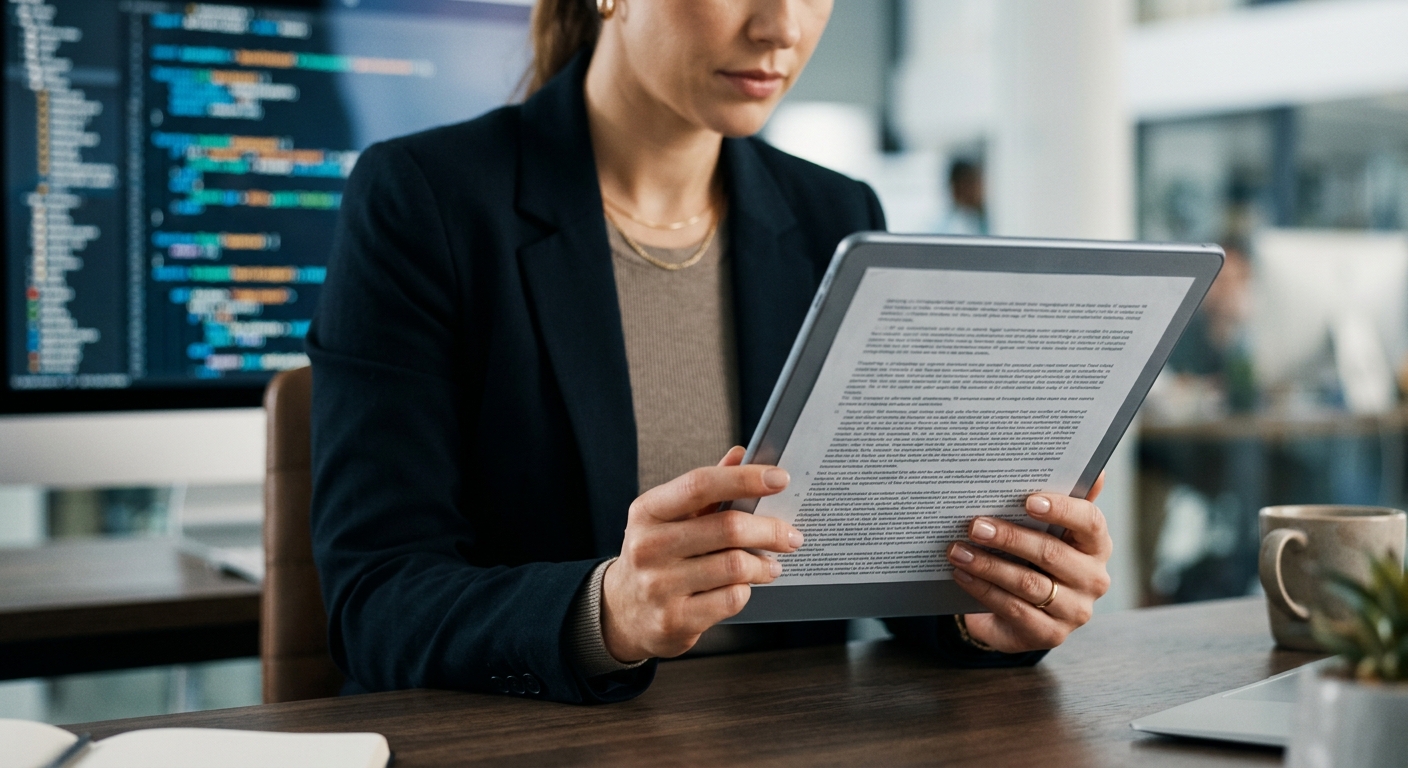 Manos leyendo un documento legal en una tableta con código de juego borroso de fondo.
