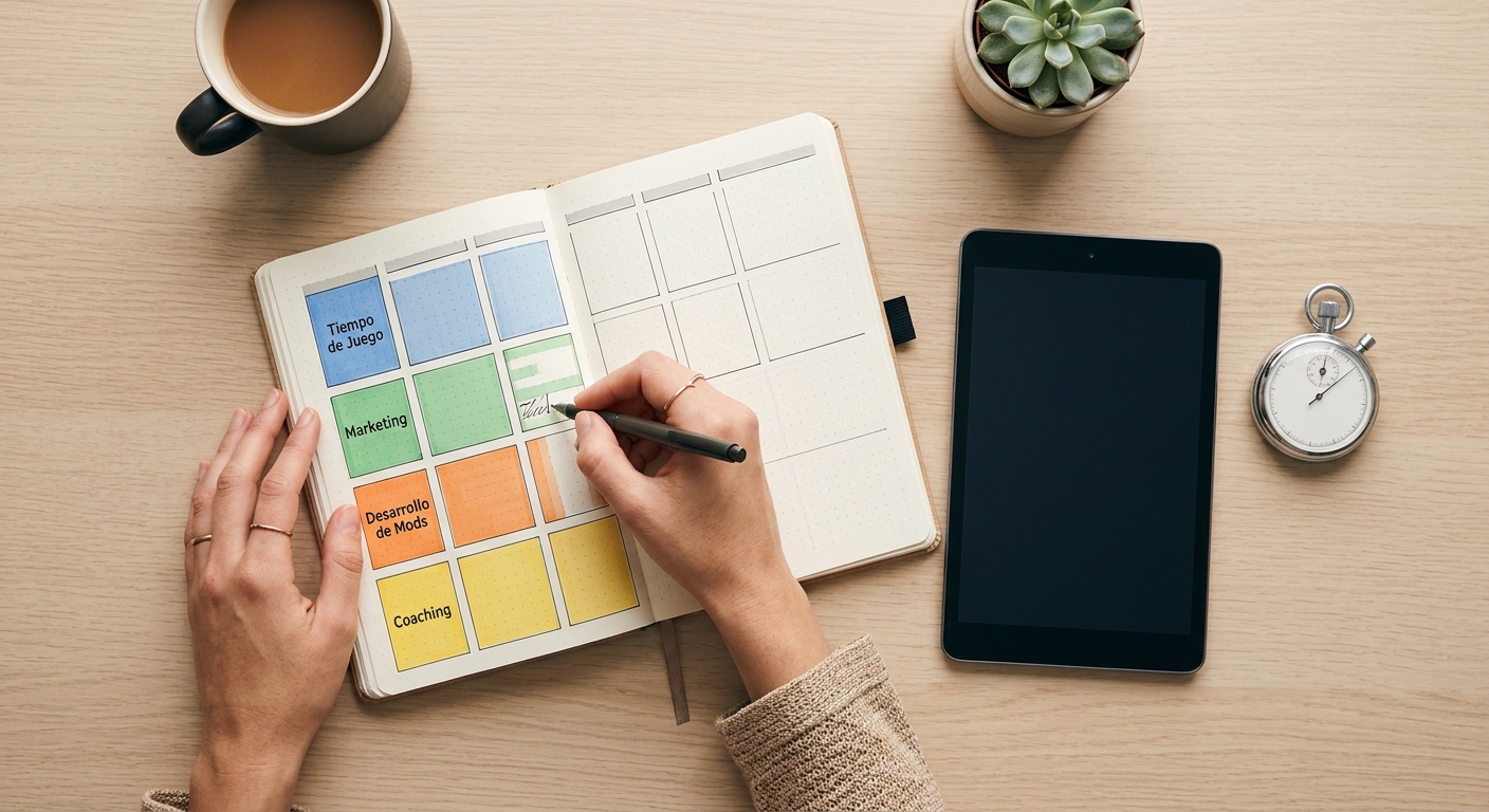 Vista cenital de manos interactuando con una agenda con bloques de tiempo para 'Tiempo de Juego', 'Marketing'.