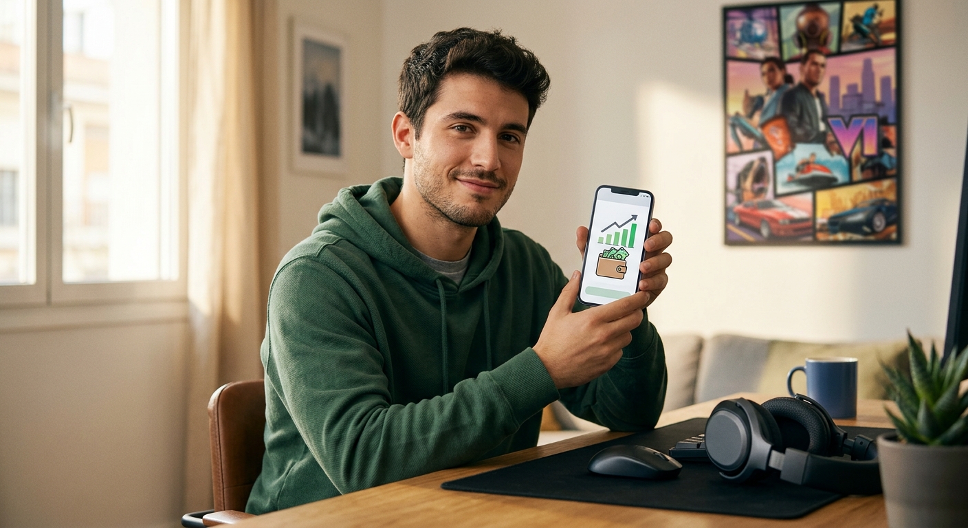 Joven español sonriendo con un smartphone mostrando saldo bancario positivo y póster de GTA VI de fondo.