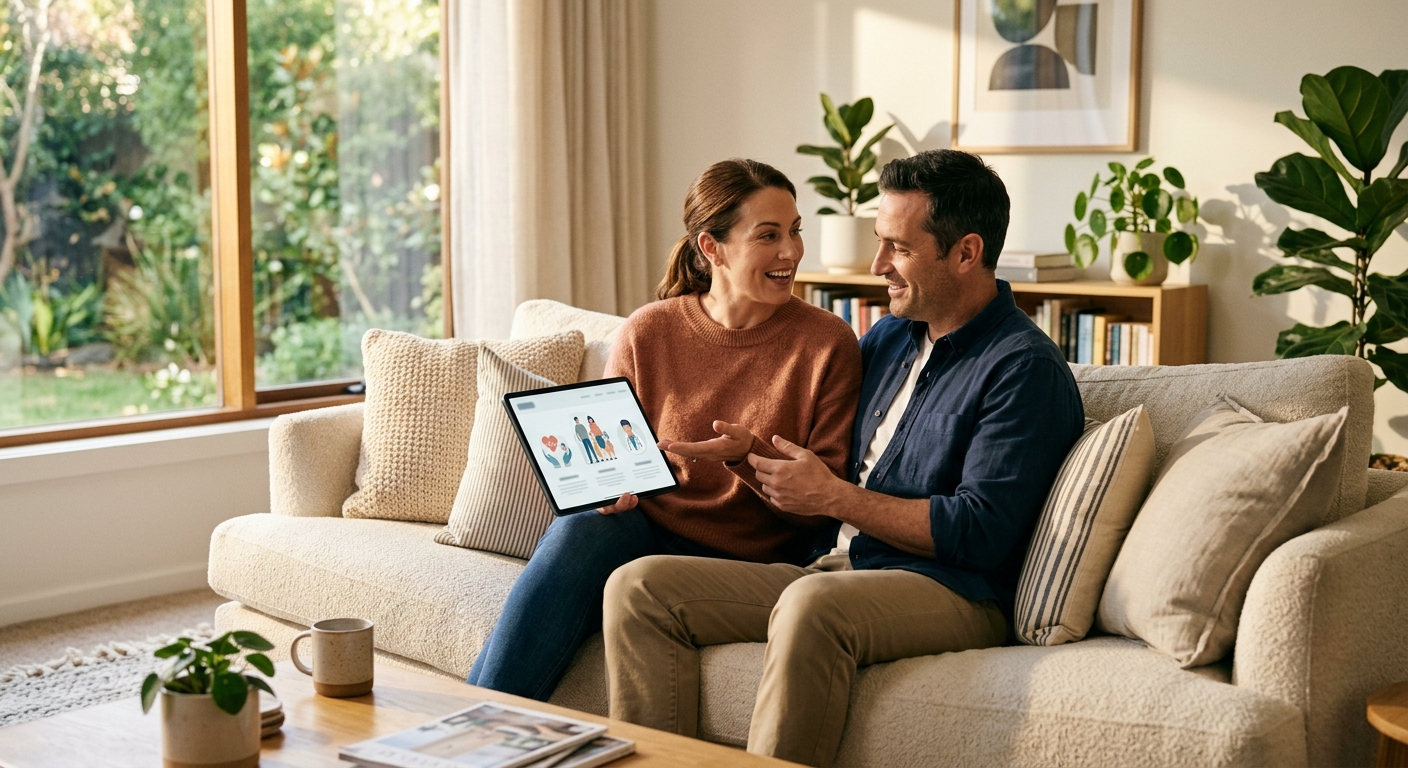 Pareja consultando opciones de seguro dental en tablet