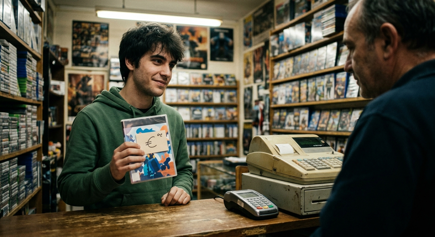 Comprando un juego físico de consola en una tienda de videojuegos en España.