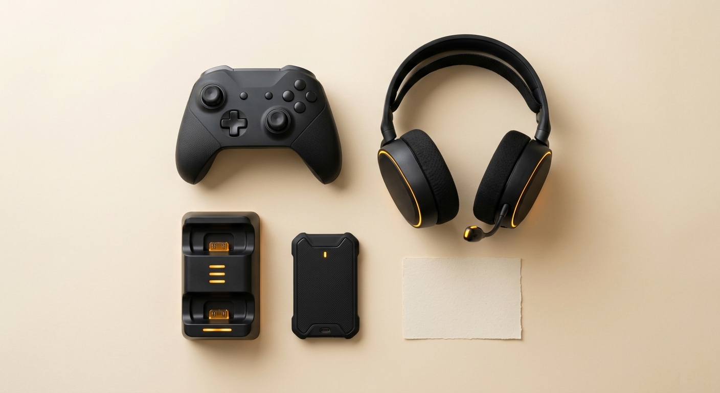 Resumen de accesorios recomendados para consola mando auriculares y almacenamiento.