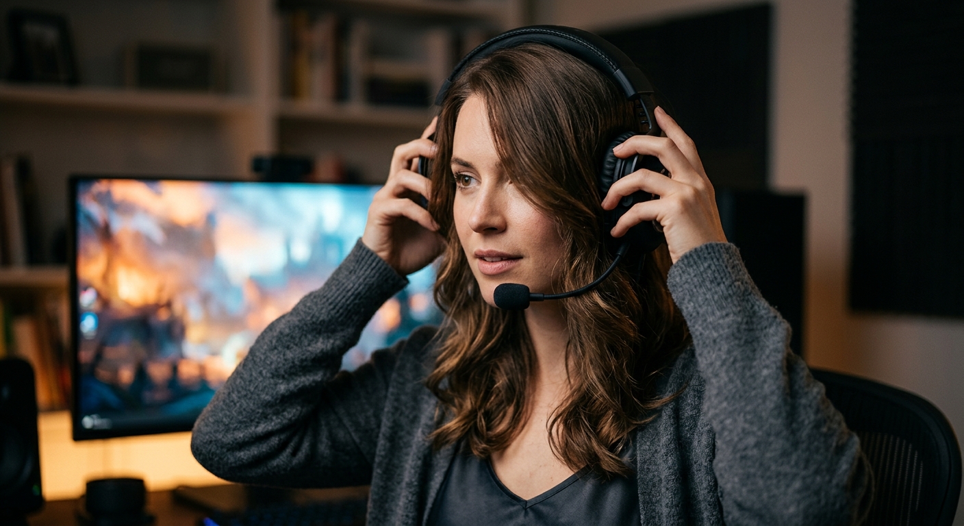 Jugadora ajustándose unos auriculares gaming con micrófono para juego online.