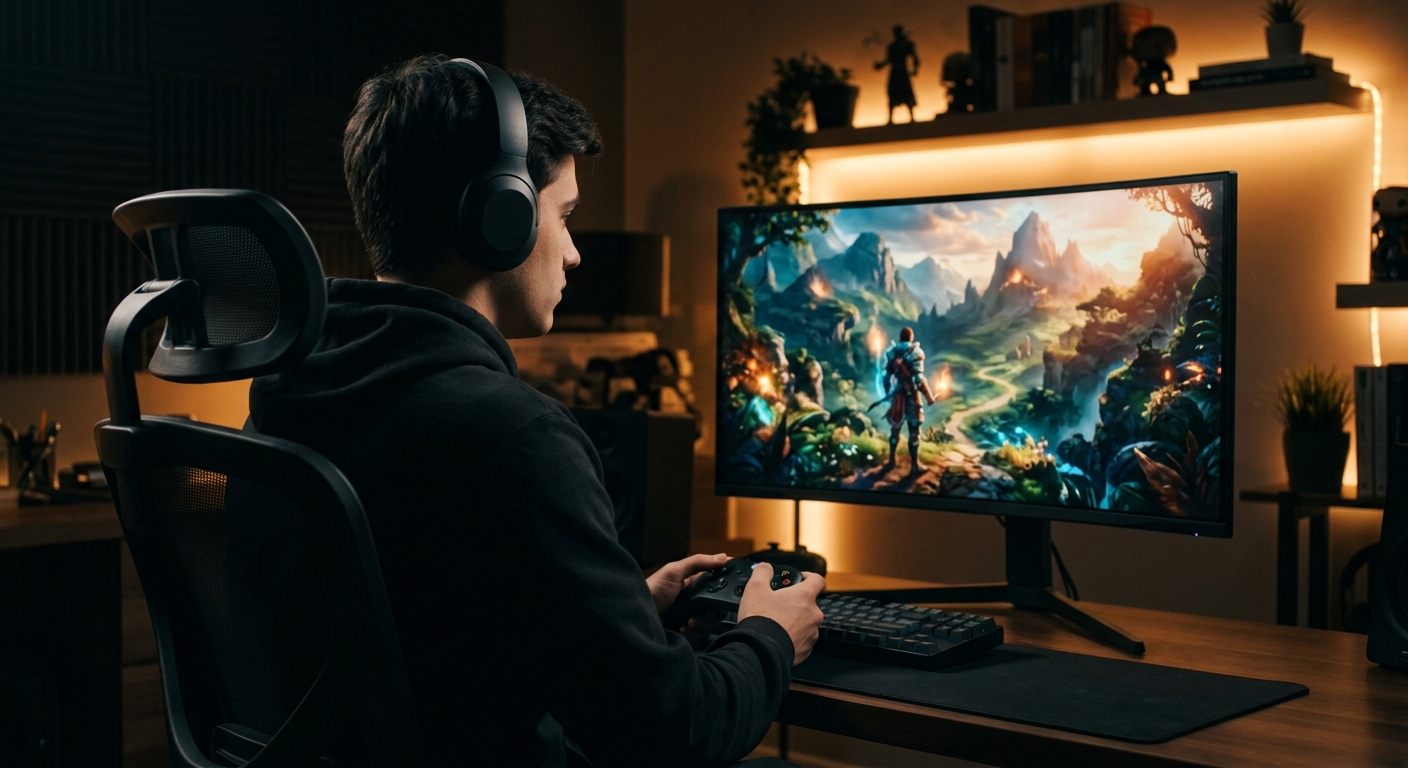 Configuración de pantalla y monitor 4K para videojuegos de última generación.