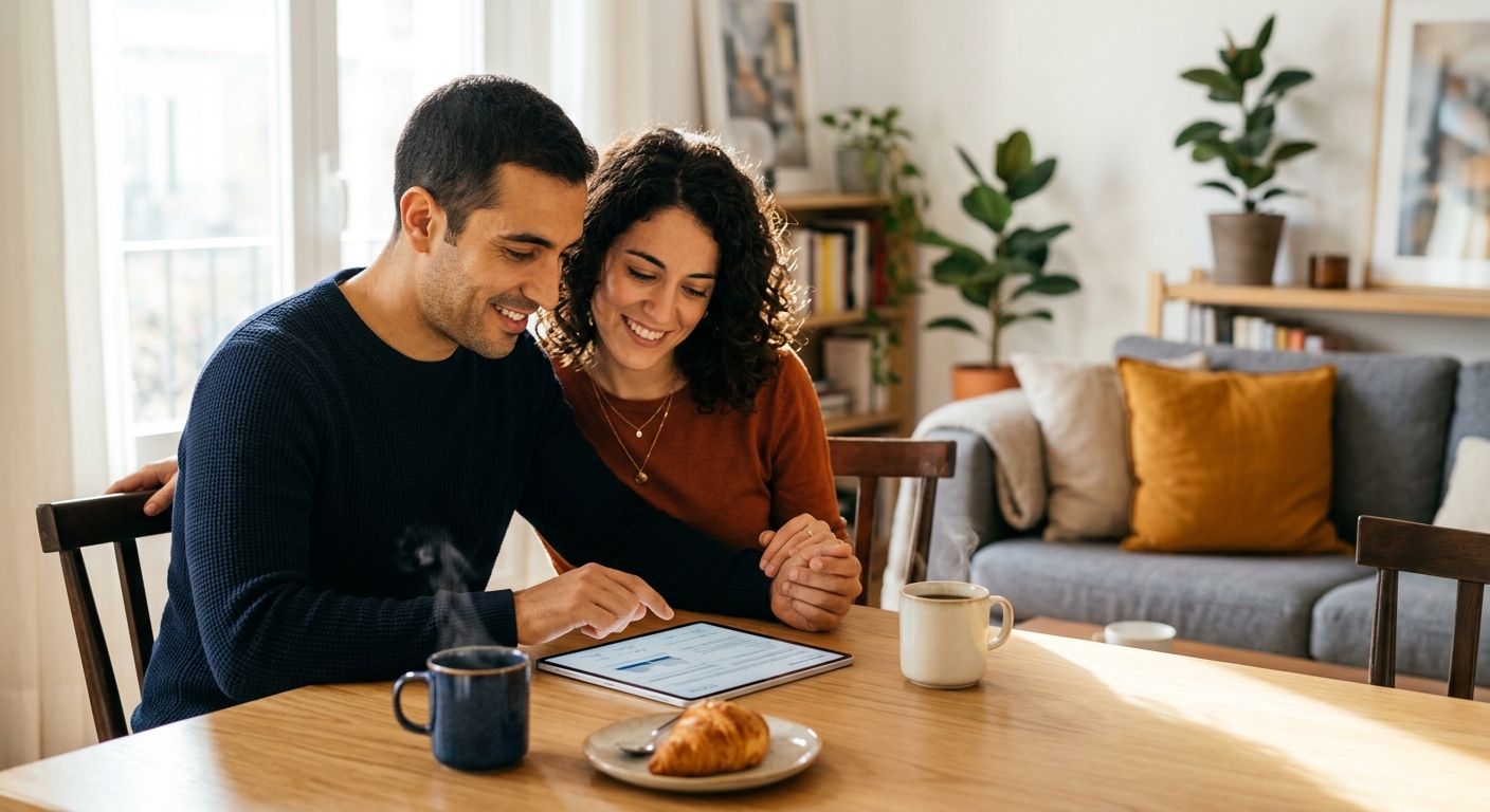 Pareja revisando opciones de seguro de hogar en una tablet