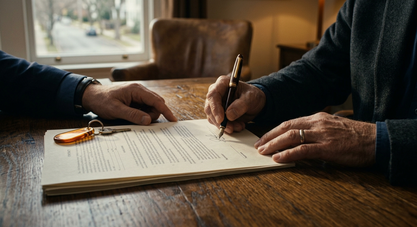 Firma de contrato de seguro de hogar sobre mesa de madera