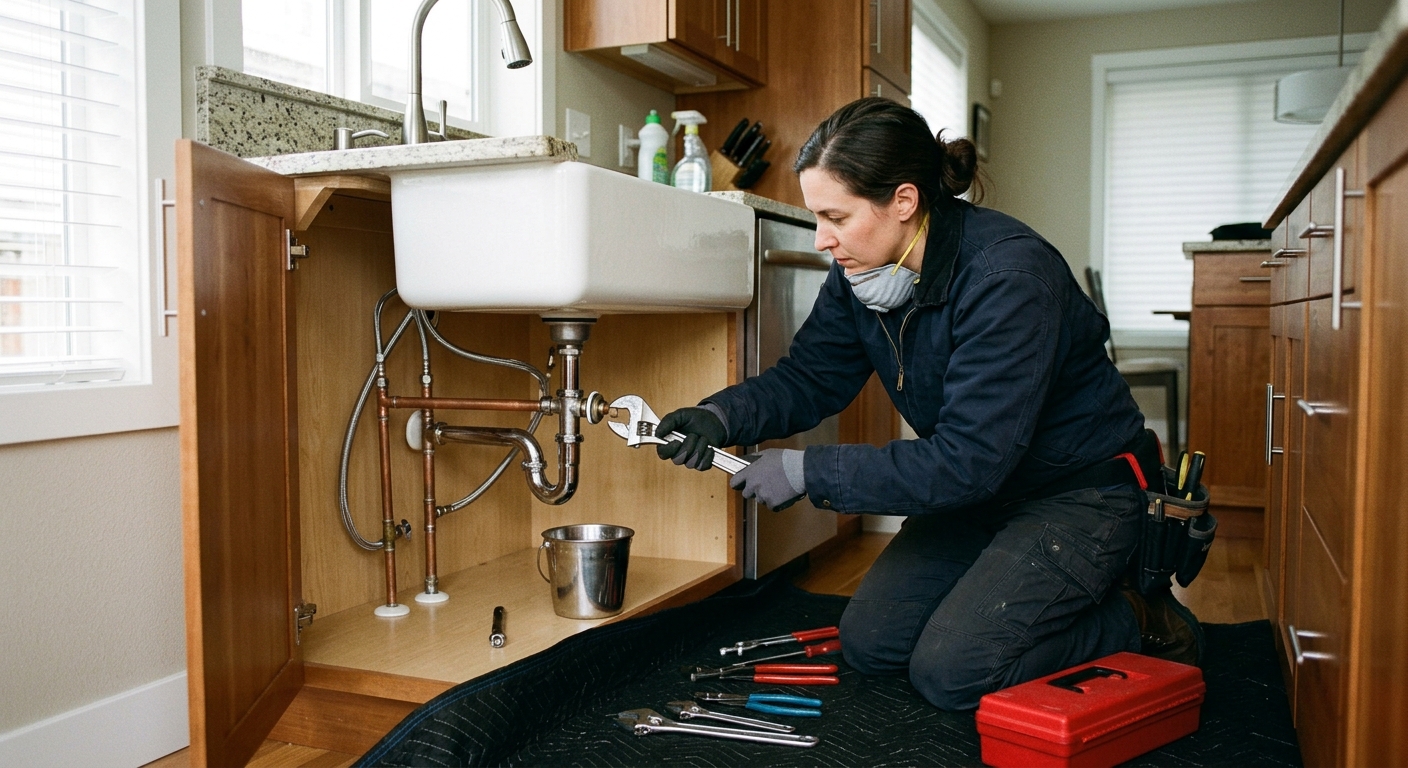 Fontanero reparando una tuberu00eda bajo el fregadero de la cocina