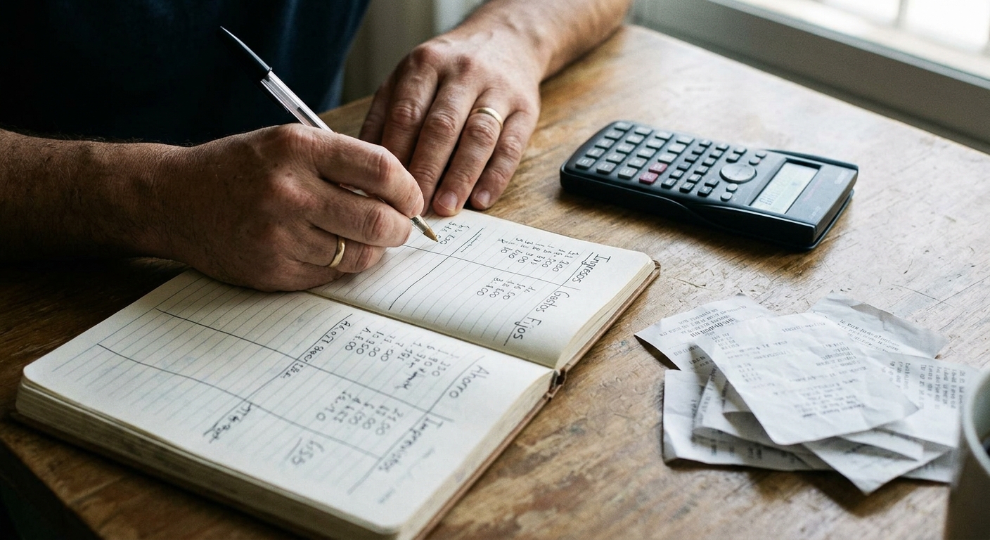 Manos redactando un presupuesto mensual en una libreta con lu00e1piz y calculadora