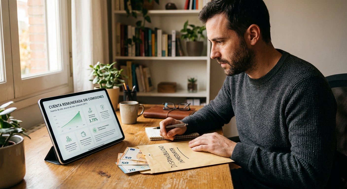 Comparando una cuenta remunerada sin comisiones en tablet con un sobre de efectivo
