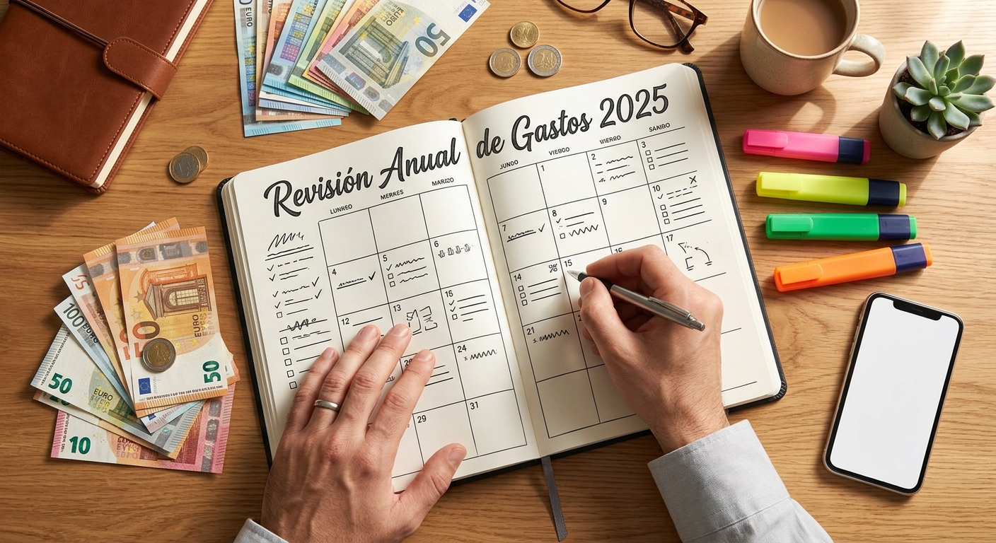 Planificaciu00f3n financiera anual en agenda con notas de revisiu00f3n de gastos