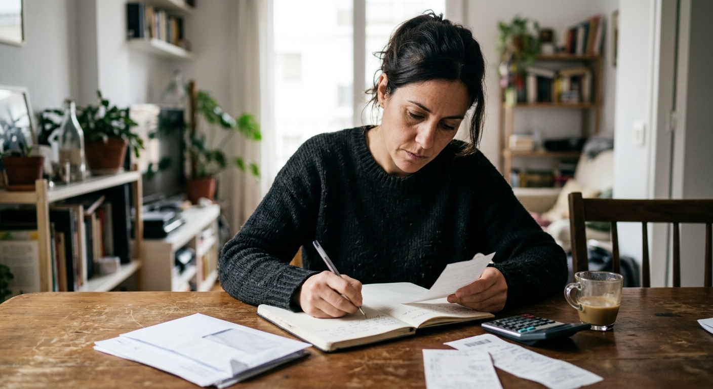 Cuaderno con plan de ahorro escrito para reponer el dinero usado del fondo