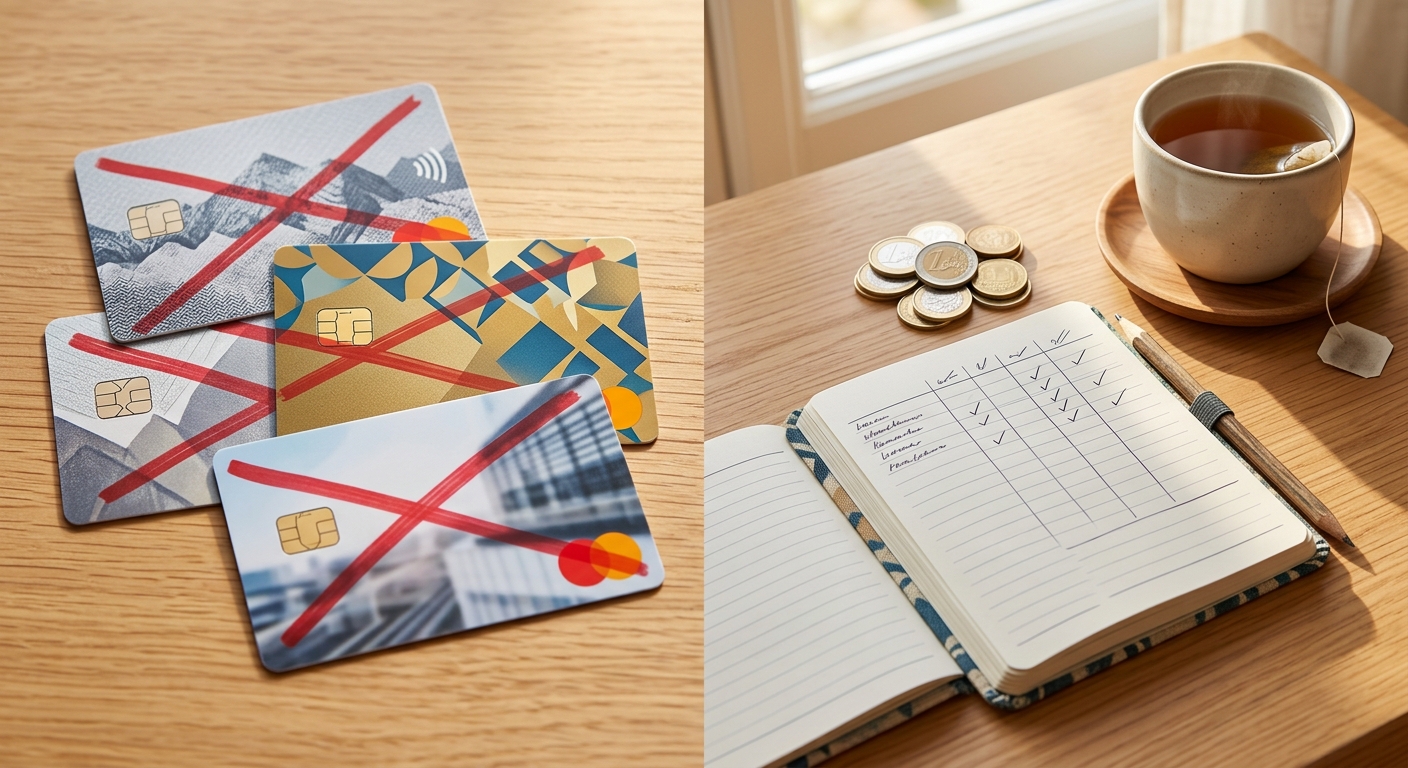 Comparaciu00f3n entre tarjetas de cru00e9dito tachadas en rojo y libreta de ahorro protegido