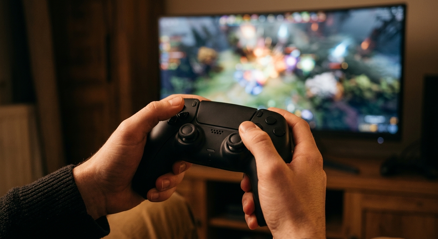 Manos sosteniendo un mando de videojuego moderno, con pantalla de juego borrosa de fondo.