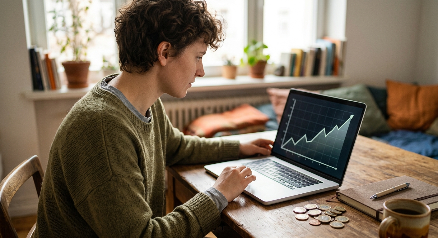 Persona mirando un gráfico de crecimiento económico en un portátil, con monedas y libreta.