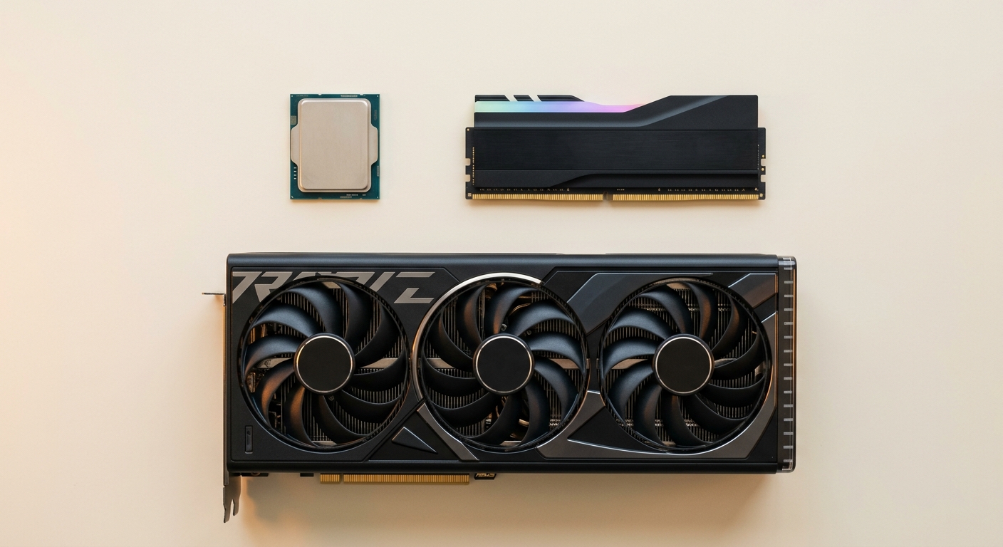 Flat-lay de componentes de hardware de computadora: CPU, tarjeta gráfica, RAM en fondo crema.