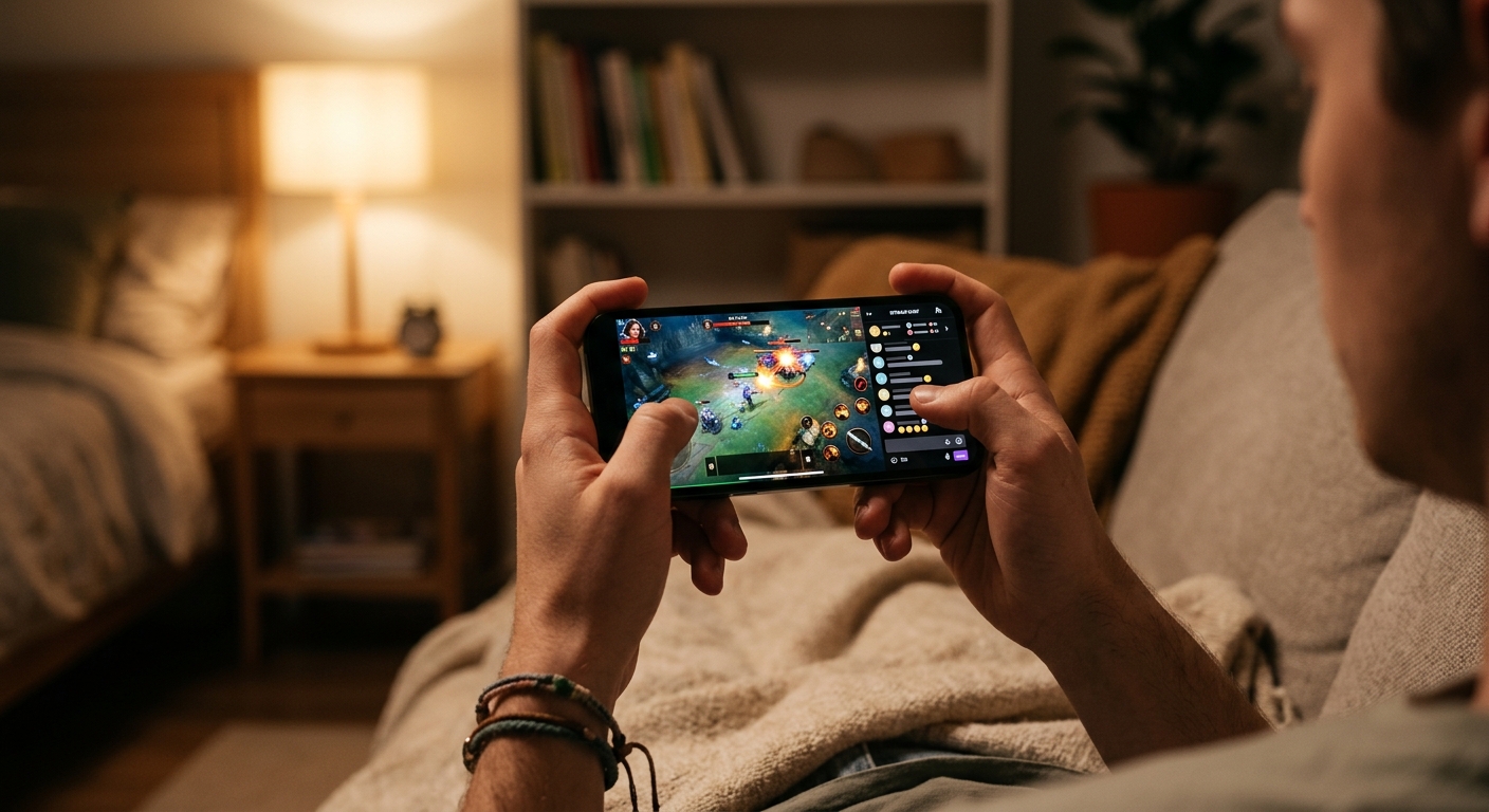 Manos sosteniendo un smartphone con una plataforma de streaming de videojuegos, en una habitación acogedora.