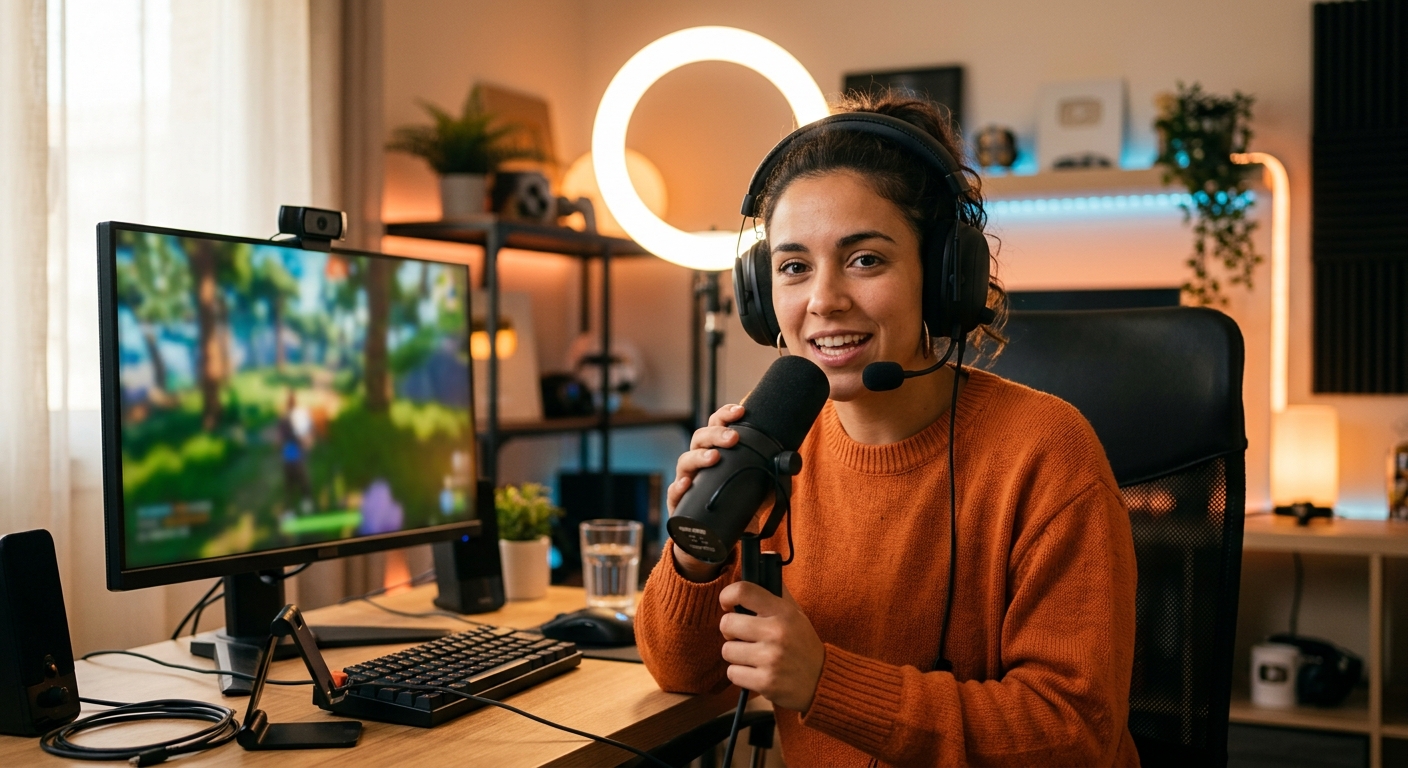 Joven española grabando un video con micrófono y auriculares gaming, con luz anular.