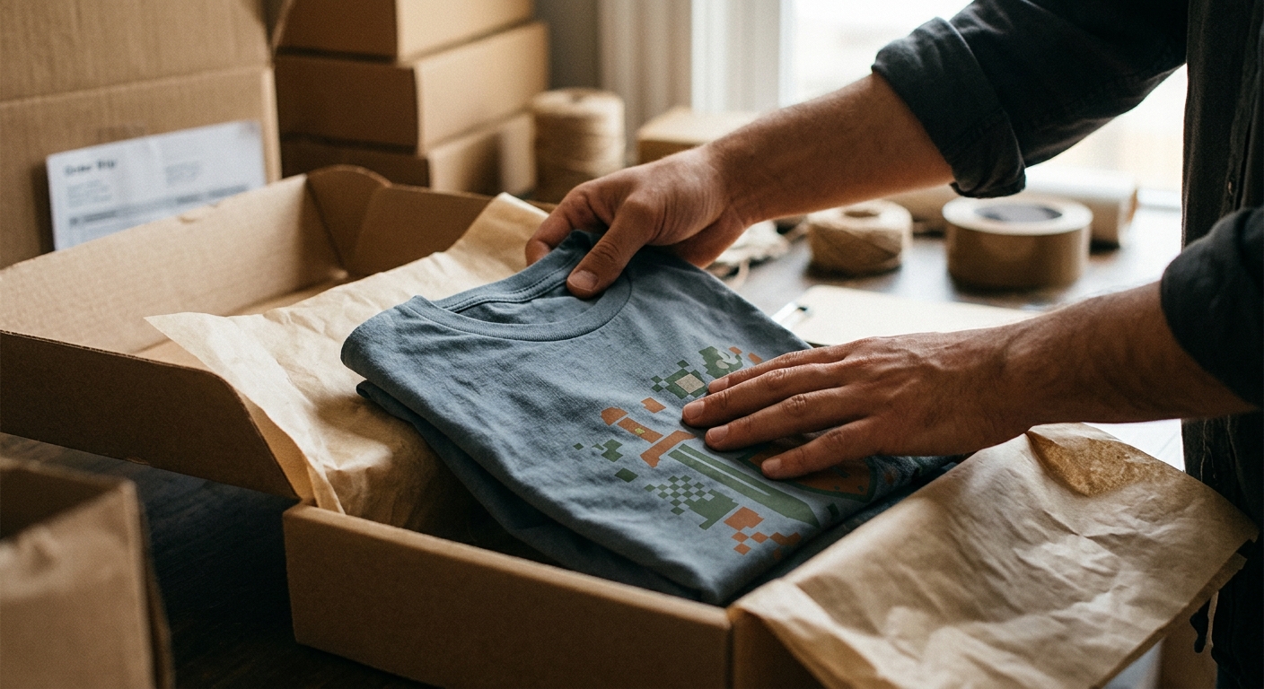 Manos empacando una camiseta con diseño de juego genérico en una caja de envío.