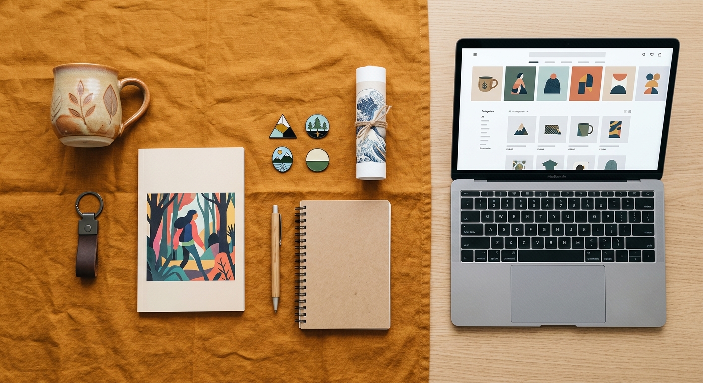 Flat-lay de merchandising genérico y portátil con sitio web de comercio electrónico en tela ámbar.