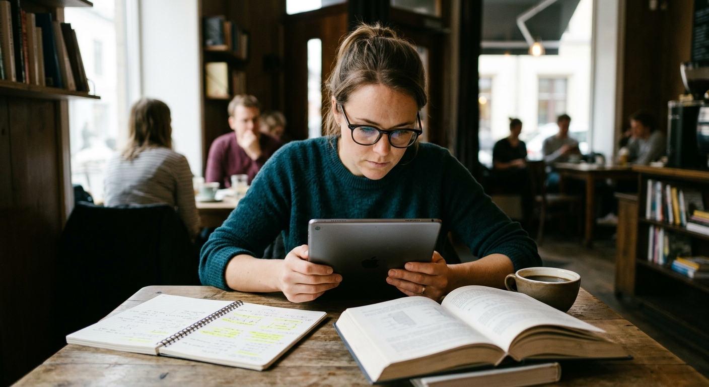 Persona con gafas leyendo informes financieros en una tablet, con libros y café.