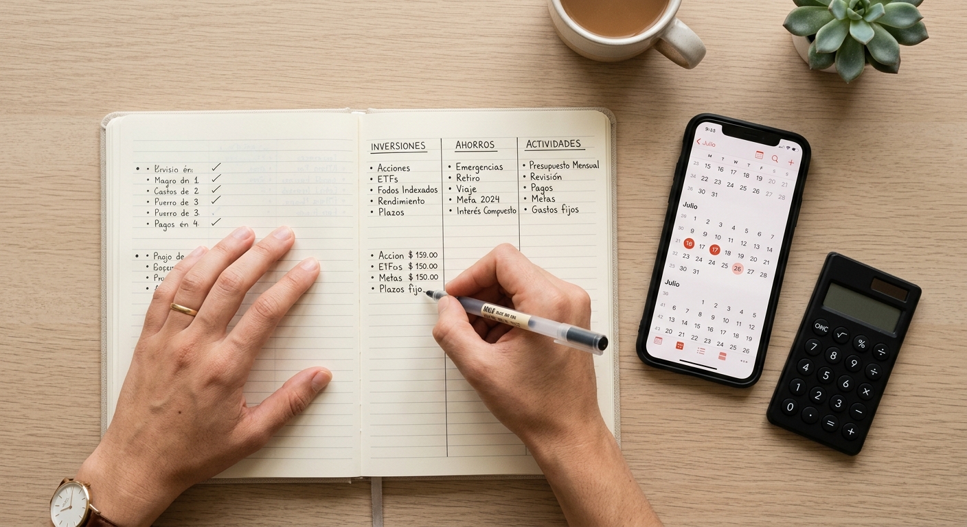 Manos escribiendo un plan financiero en una libreta con calculadora y calendario en smartphone.