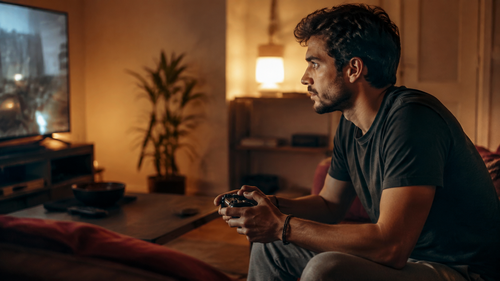 Joven adulto jugando a videojuegos en un salón acogedor iluminado por la pantalla