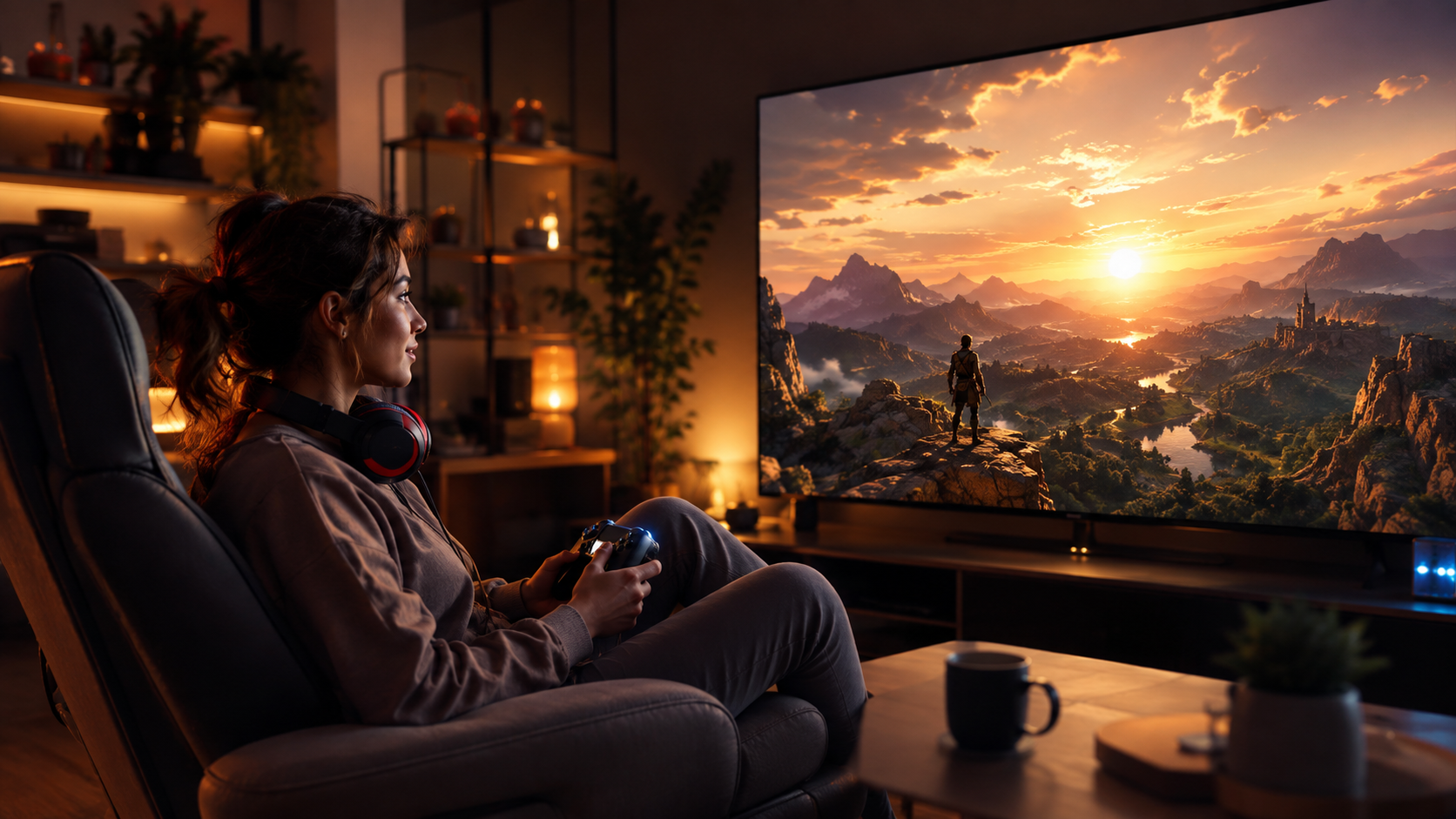 Jugadora observando un gran mundo virtual abierto en la pantalla de su televisor
