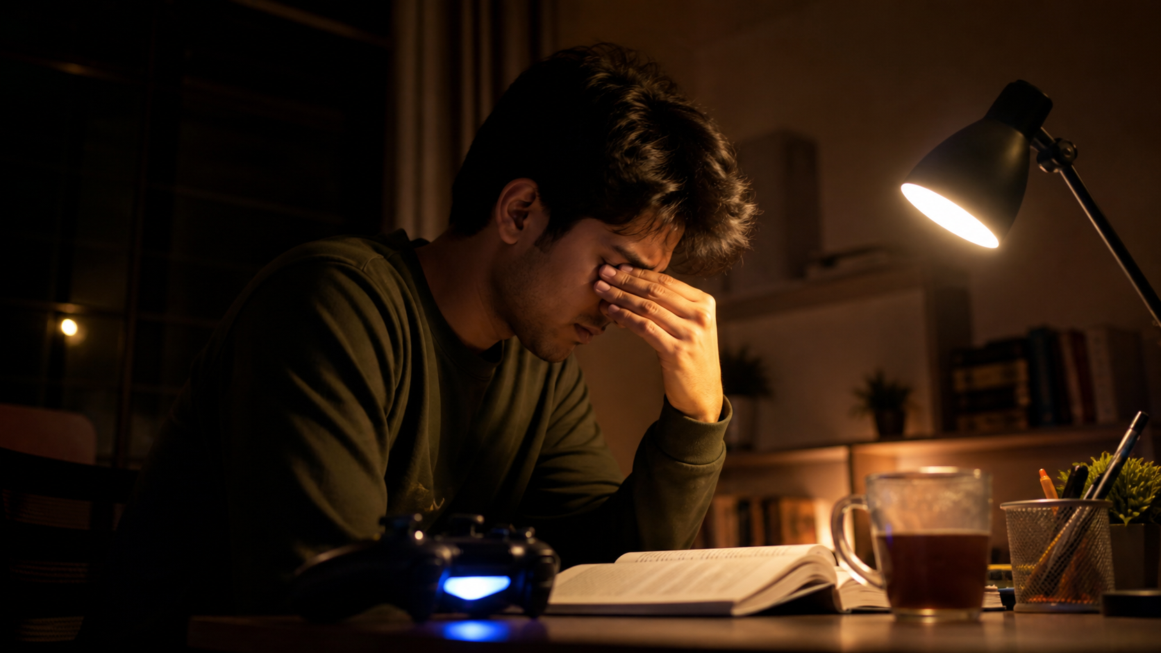 Hombre cansado sentado frente a su escritorio de noche con un mando de consola al lado