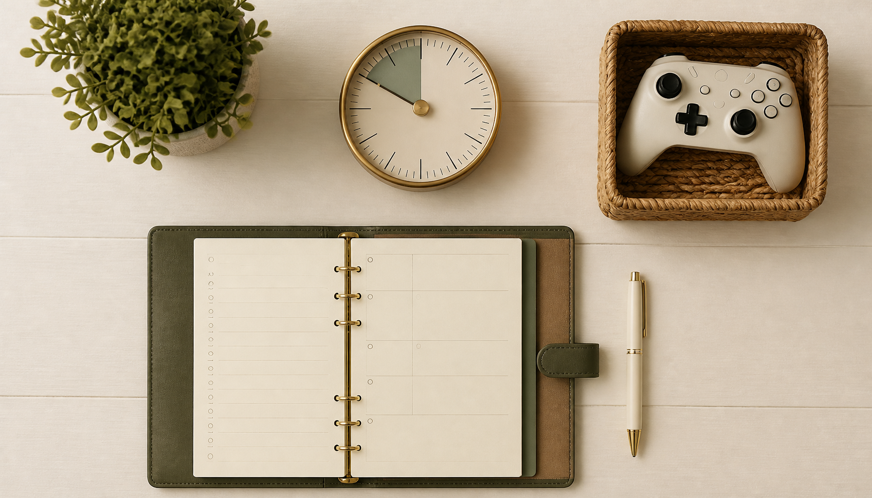 Mesa de trabajo organizada con temporizador analógico, agenda diaria y mando de juego