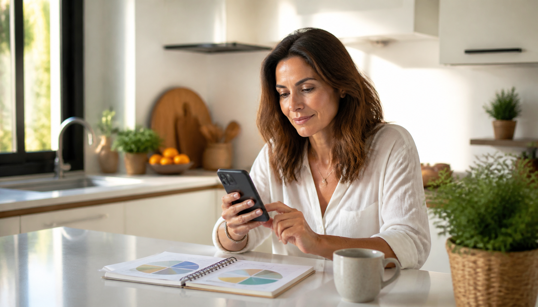 Mujer revisando la aplicación de finanzas en su teléfono junto a sus anotaciones de presupuesto