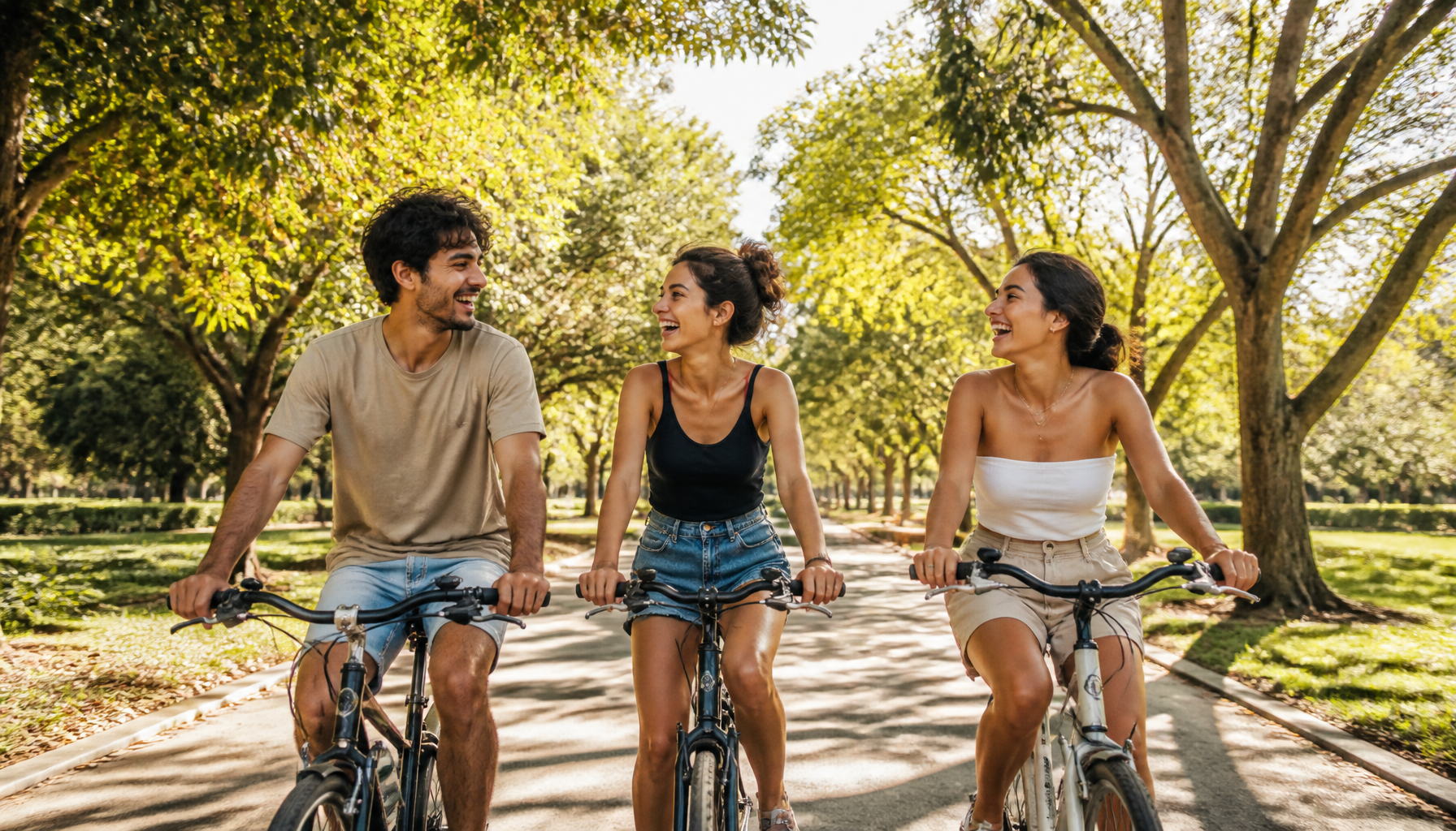 Grupo de amigos jóvenes montando en bicicleta al aire libre en un parque soleado