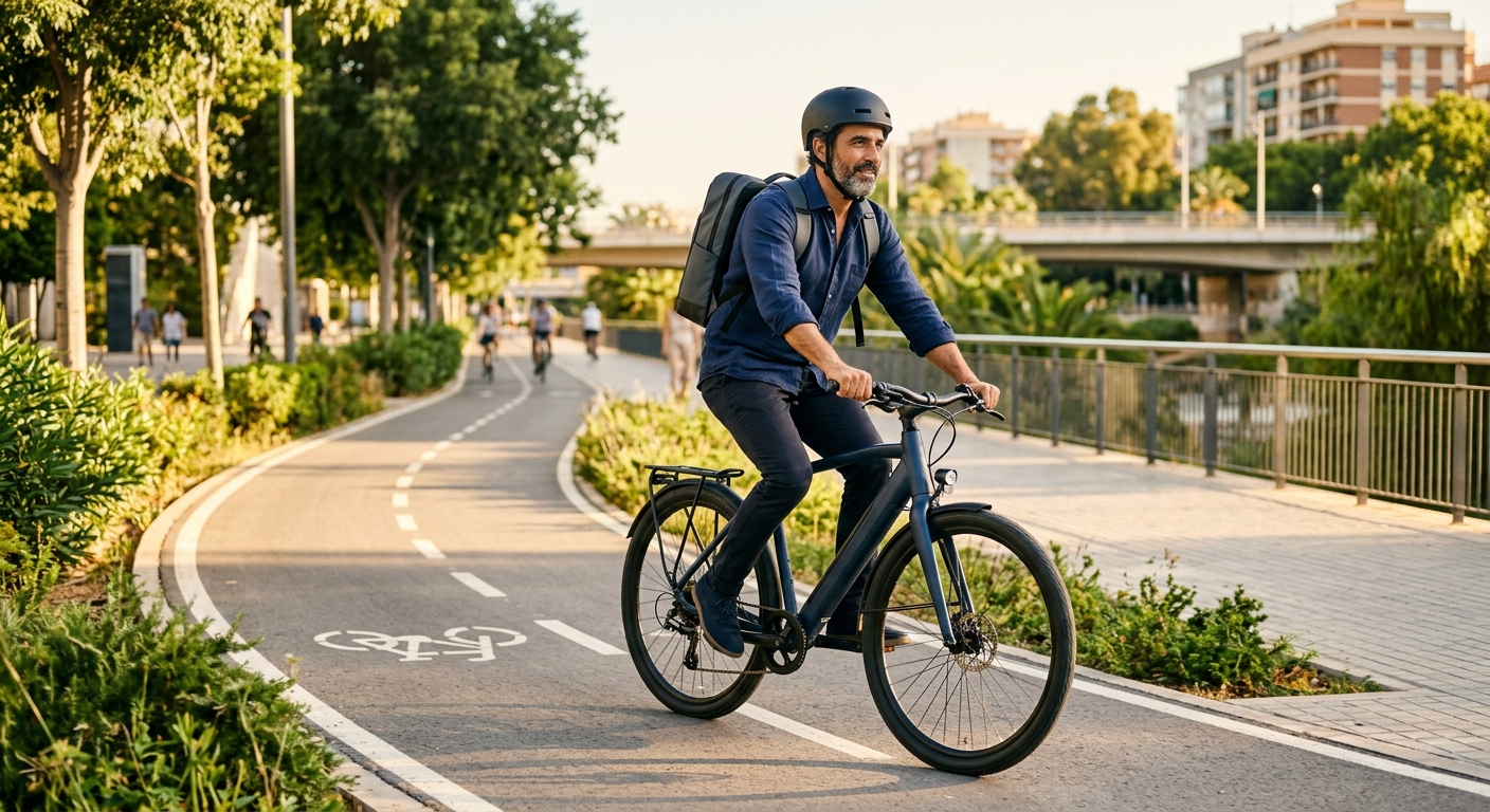 Persona adulta desplazándose en bicicleta por el carril bici de la ciudad