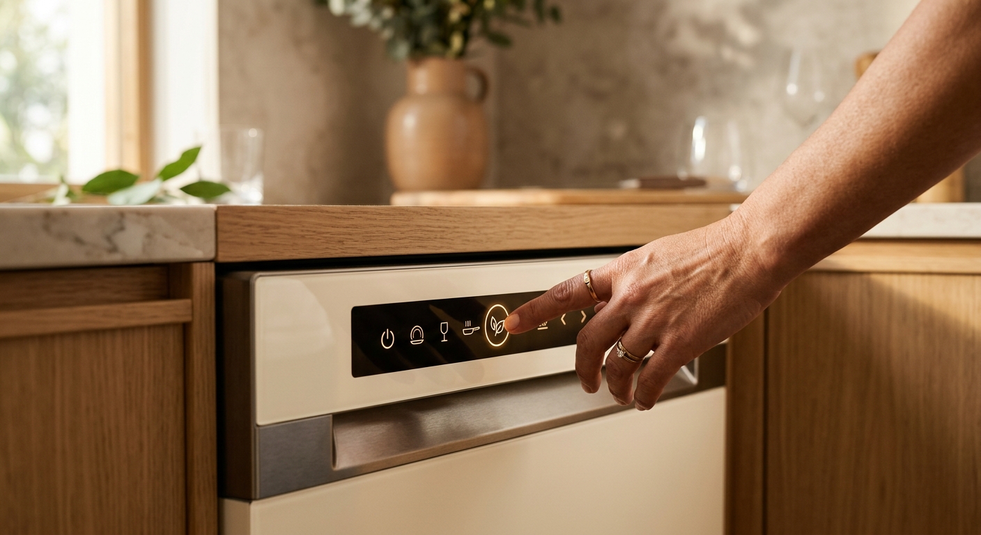 Mano seleccionando programa ecológico en panel de control de electrodoméstico