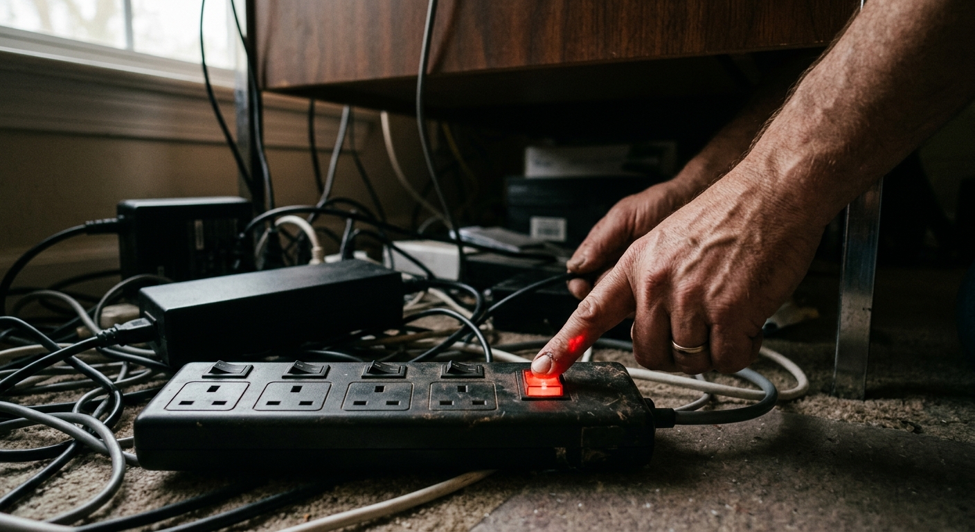 Mano apagando el interruptor de una regleta de enchufes para ahorrar luz