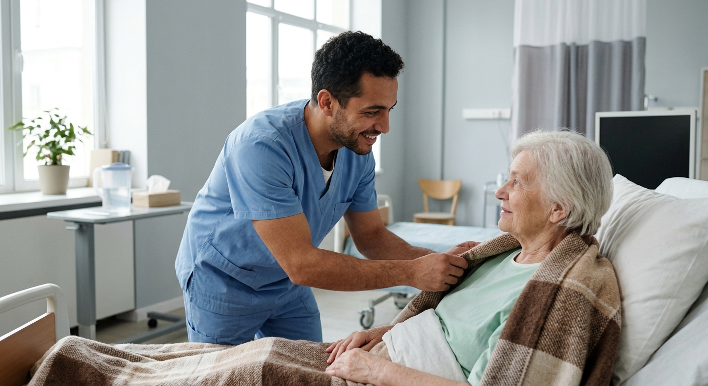 Auxiliar de enfermería atendiendo a un paciente en un hospital de España