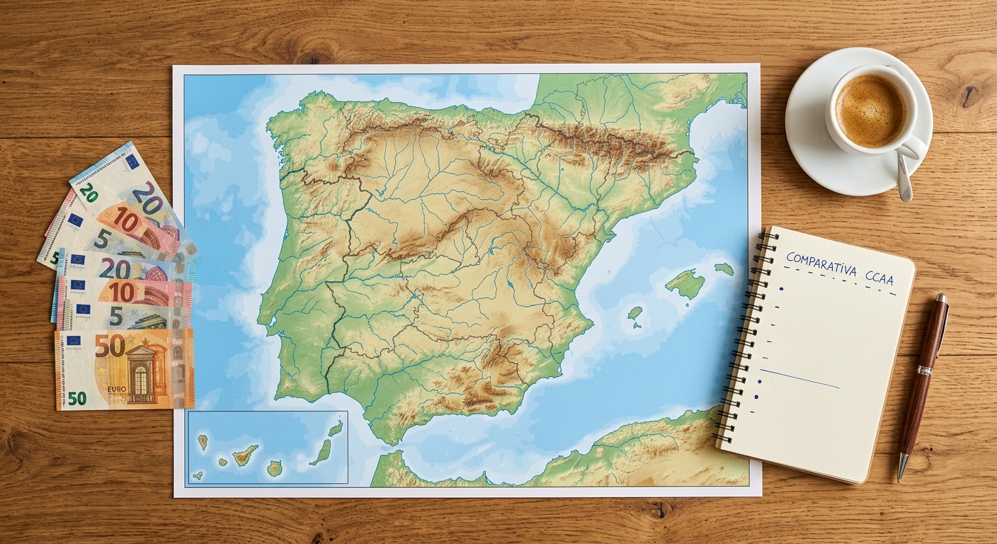 Mapa de España con notas sobre la comparativa salarial de TCAE por Comunidades Autónomas