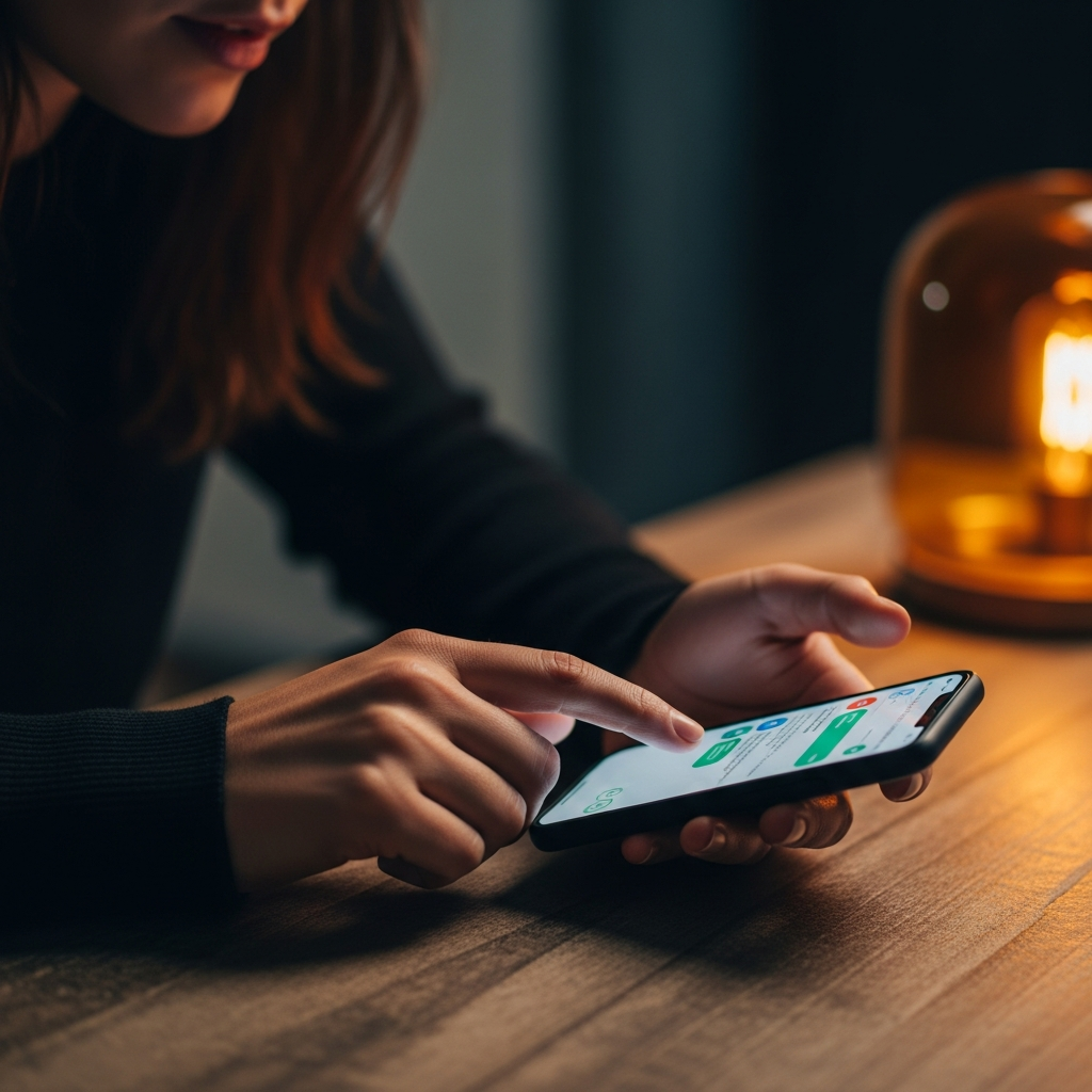 Primer plano cinemático de manos de mujer tocando un móvil con chat vacío, transmitiendo ansiedad por mensajes sin responder.