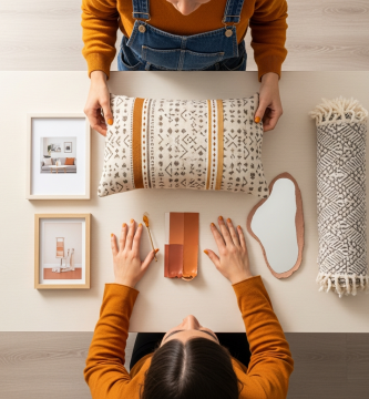 Manos de mujer organizando cojines, marcos de fotos, pintura terracota y espejo en una mesa color crema, decoración económica.