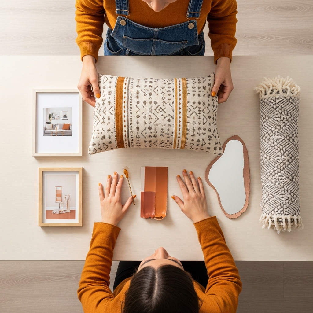 Manos de mujer organizando cojines, marcos de fotos, pintura terracota y espejo en una mesa color crema, decoración económica.