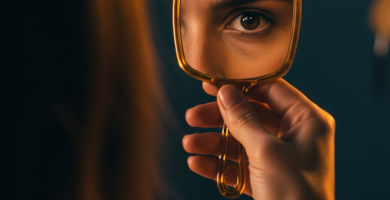 Primer plano cinematográfico del ojo de una mujer española reflejado en un espejo de mano ámbar, simbolizando el narcisismo.
