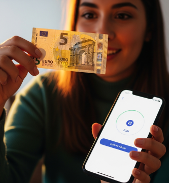 Joven española a punto de invertir 5 euros en una app de finanzas, con '2026' visible. Inversión para principiantes.