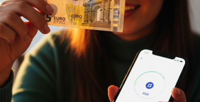 Joven española a punto de invertir 5 euros en una app de finanzas, con '2026' visible. Inversión para principiantes.