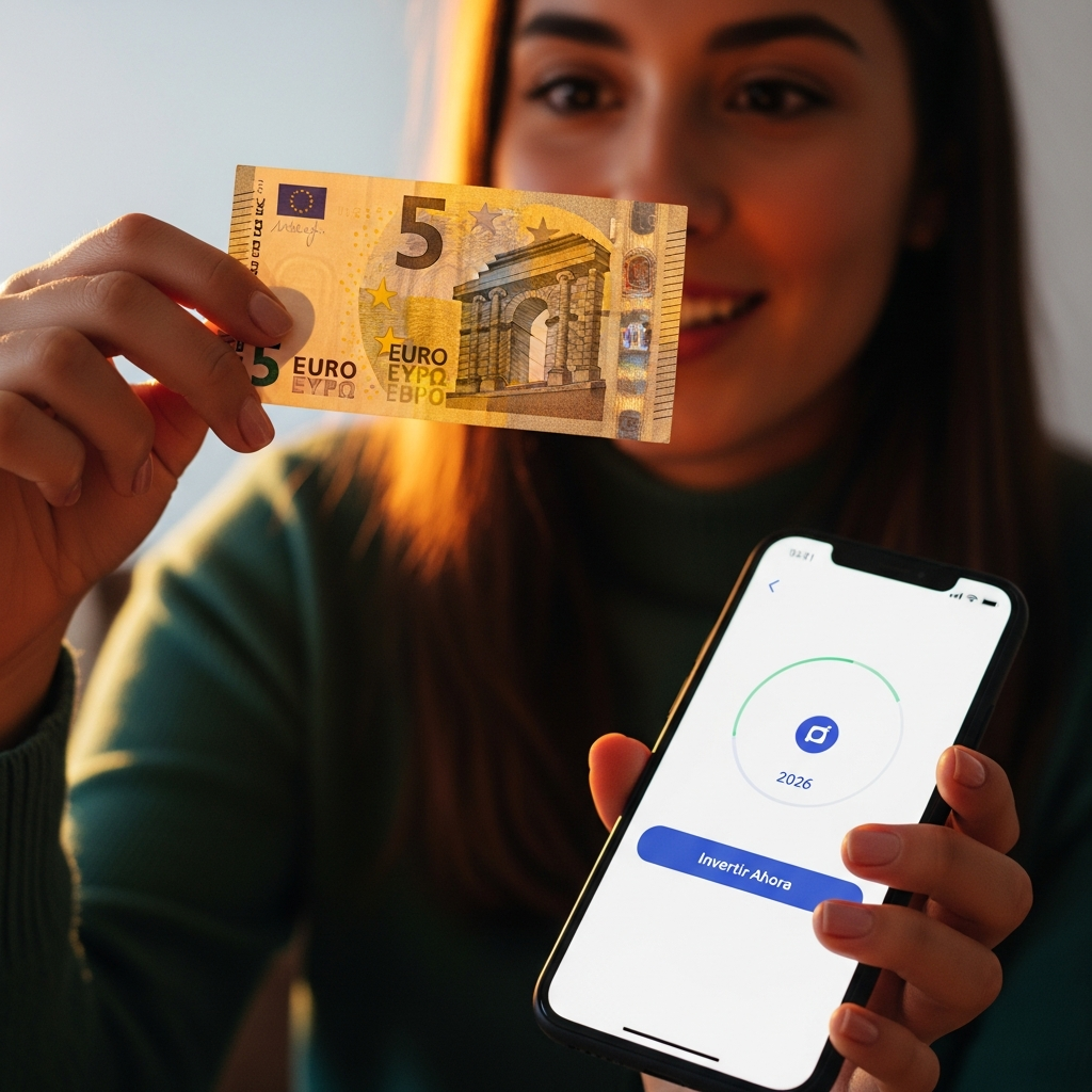 Joven española a punto de invertir 5 euros en una app de finanzas, con '2026' visible. Inversión para principiantes.